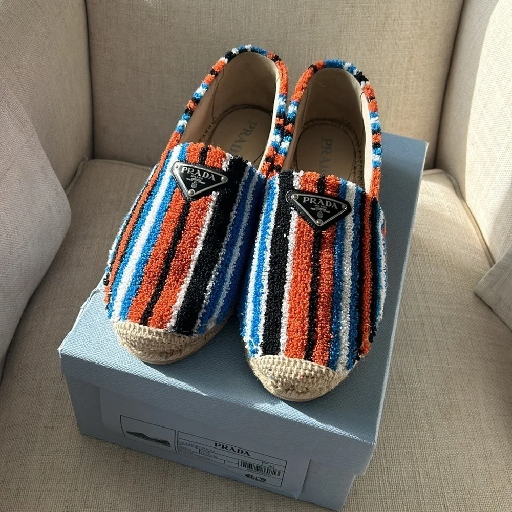 Prada Triangle Logo Striped-Terry Espadrilles